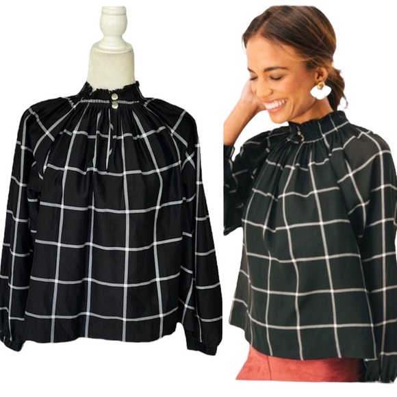 Marie Oliver Silk Black & White Plaid Windowpane Printed Ruffle Neck Blouse - S - Picture 1 of 14